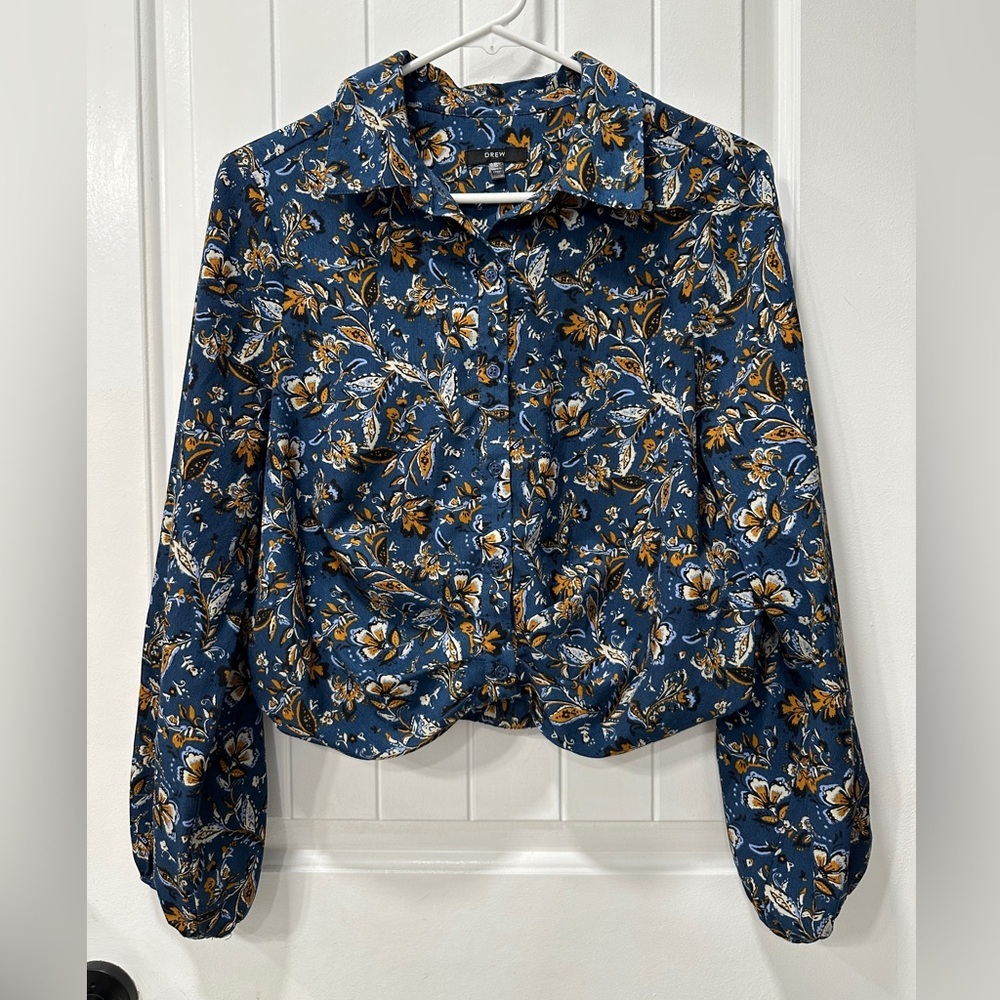 DREW Floral Patterned Blue and Gold Women's Long Sleeve Button Front Blouse - Picture 1 of 7